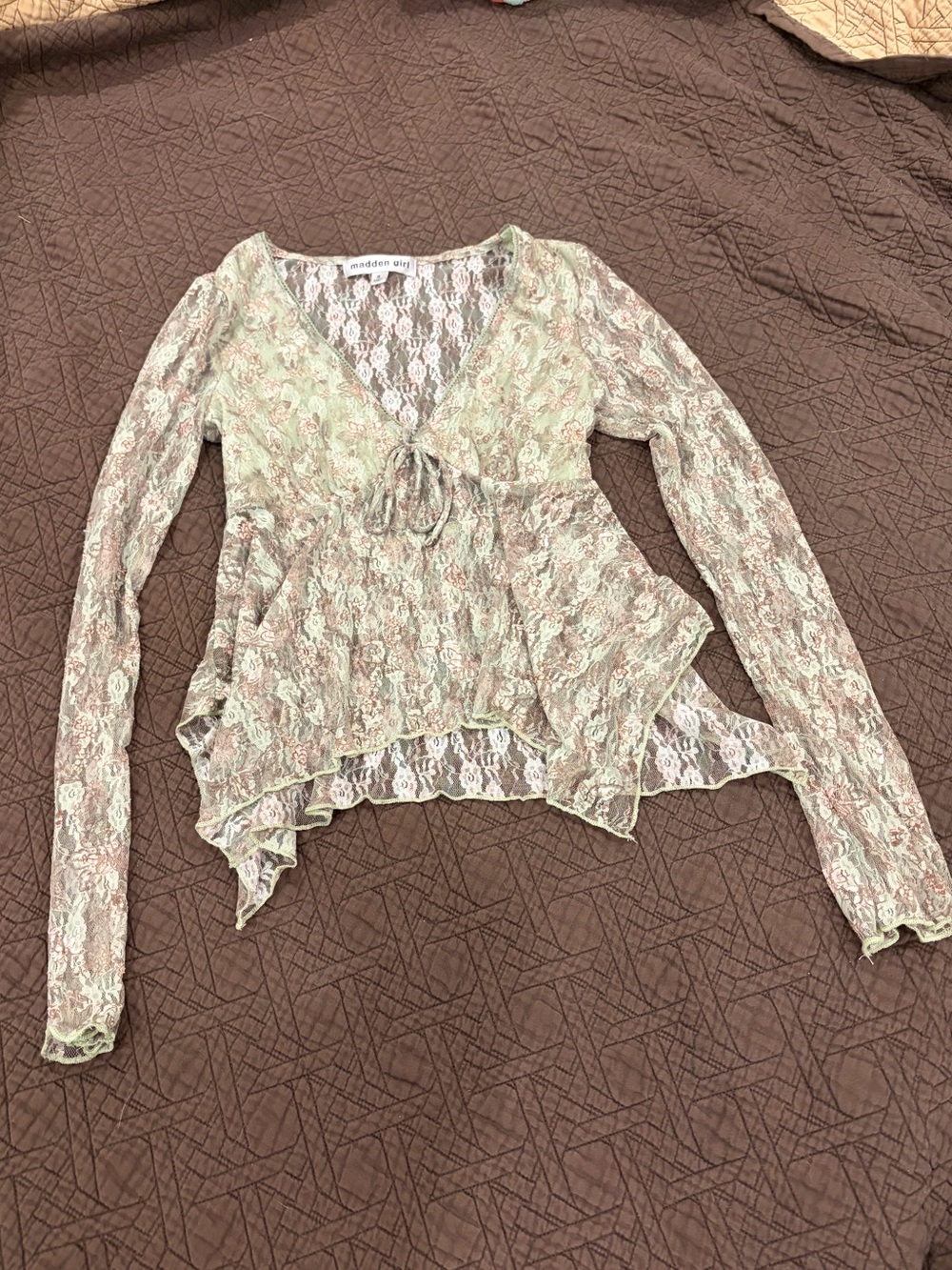 Madden Girl Sheer Lace Floral Tie Front Top  Coquette Y2K Size Small